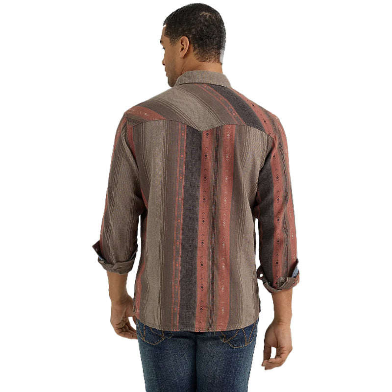 Wrangler Mens Retro Brown Stripe Long Sleeve Snap Shirt