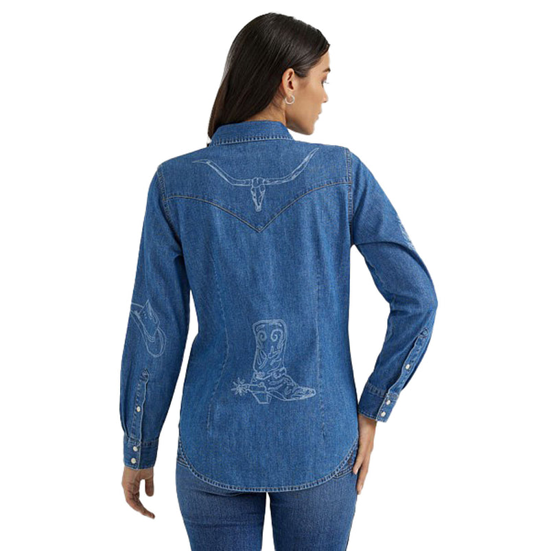 Wrangler Womens Denim Snap Cowboy Laser Shirt
