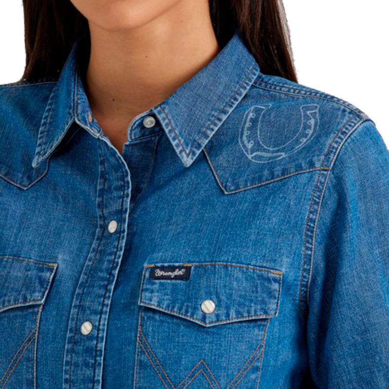 Wrangler Womens Denim Snap Cowboy Laser Shirt