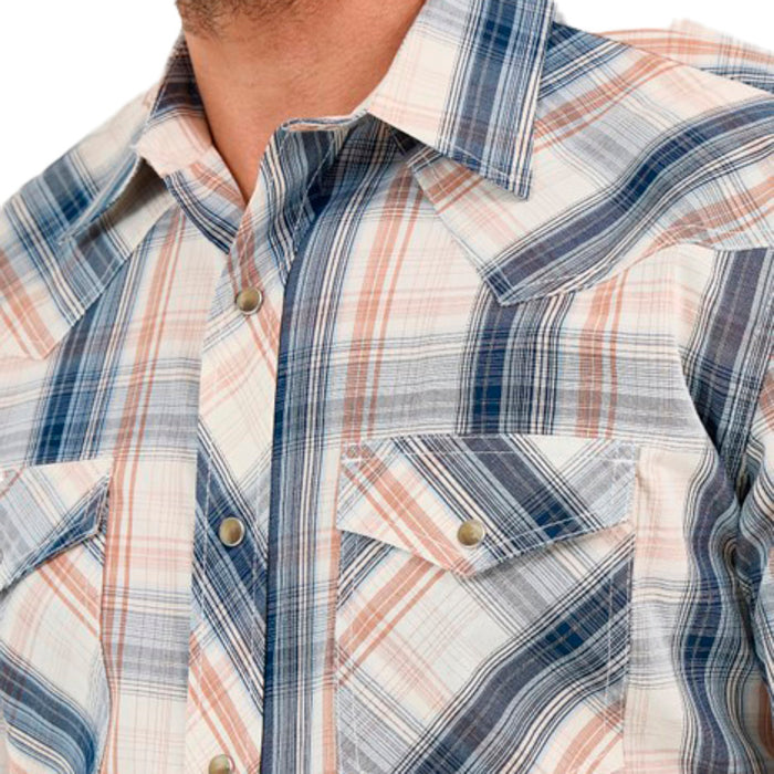 Wrangler Wranger Mens 20X Comfort White/Blue Plaid Long Sleeve Pearl Snap Shirt
