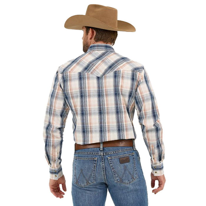Wrangler Wranger Mens 20X Comfort White/Blue Plaid Long Sleeve Pearl Snap Shirt