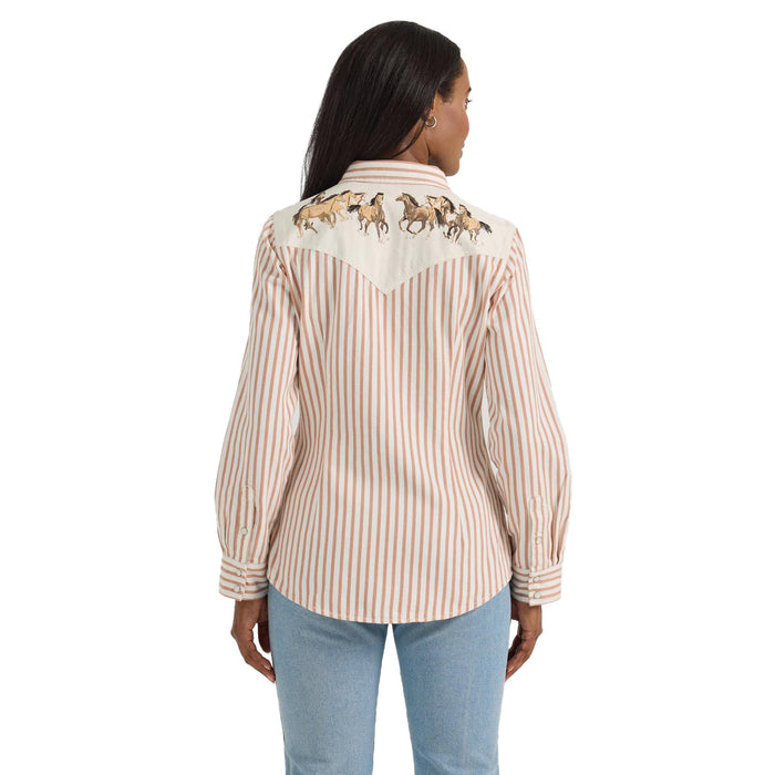 Wrangler Womens Tan Stripe Long Sleeve Snap Shirt