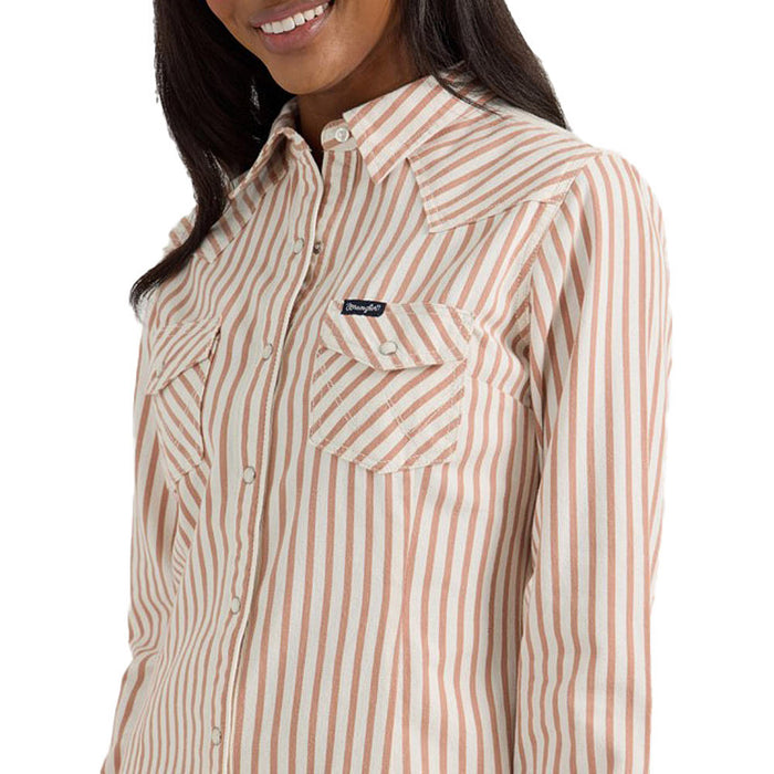 Wrangler Womens Tan Stripe Long Sleeve Snap Shirt