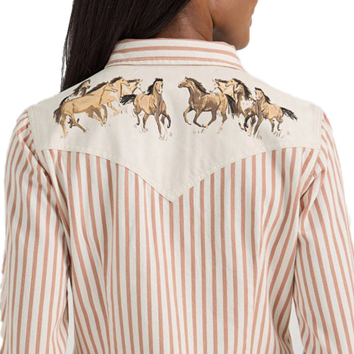 Wrangler Womens Tan Stripe Long Sleeve Snap Shirt