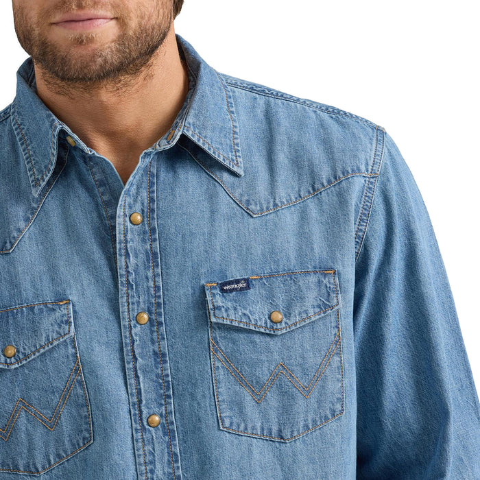 Wrangler Mens Light Wash Denim Long Sleeve Shirt