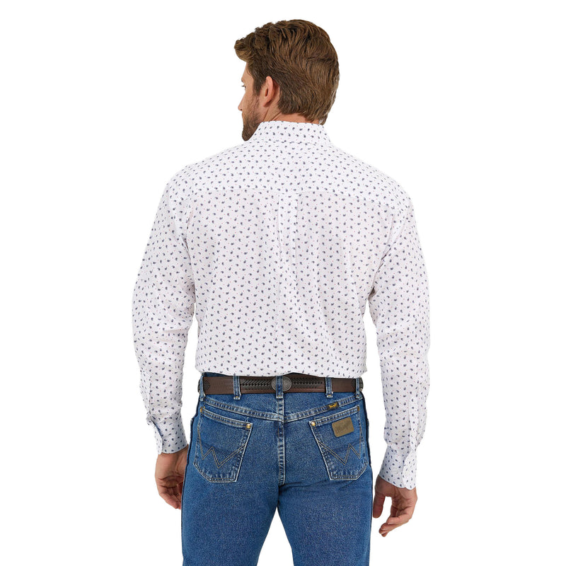 Wrangler Mens George Strait White/Blue Print Long Sleeve Button Down Shirt