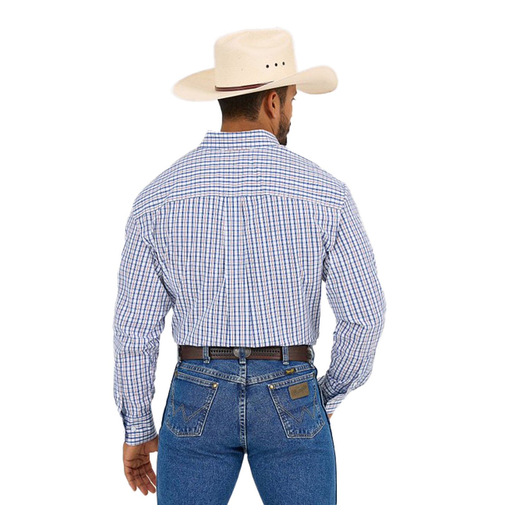 Wrangler Mens George Strait Blue/Red Plaid Long Sleeve Button Down Shi