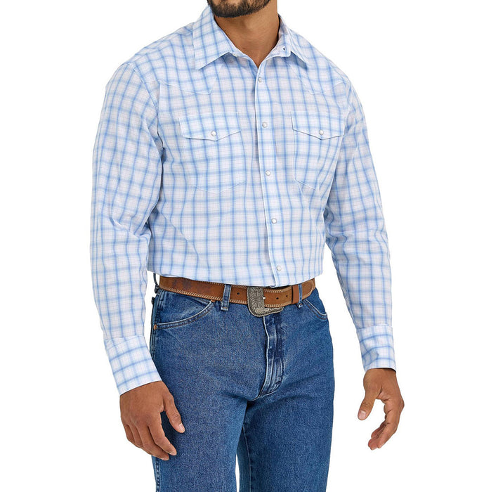 Wrangler Mens Blue Plaid Wrinkle Resist Shirt