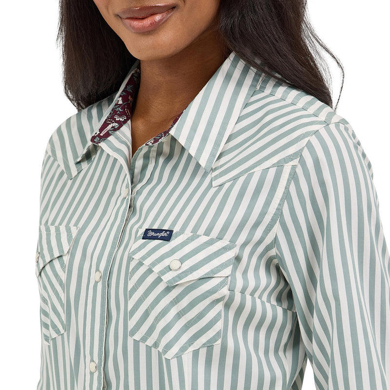 Wrangler Women's Green Stripe Dress Snap Shirt
