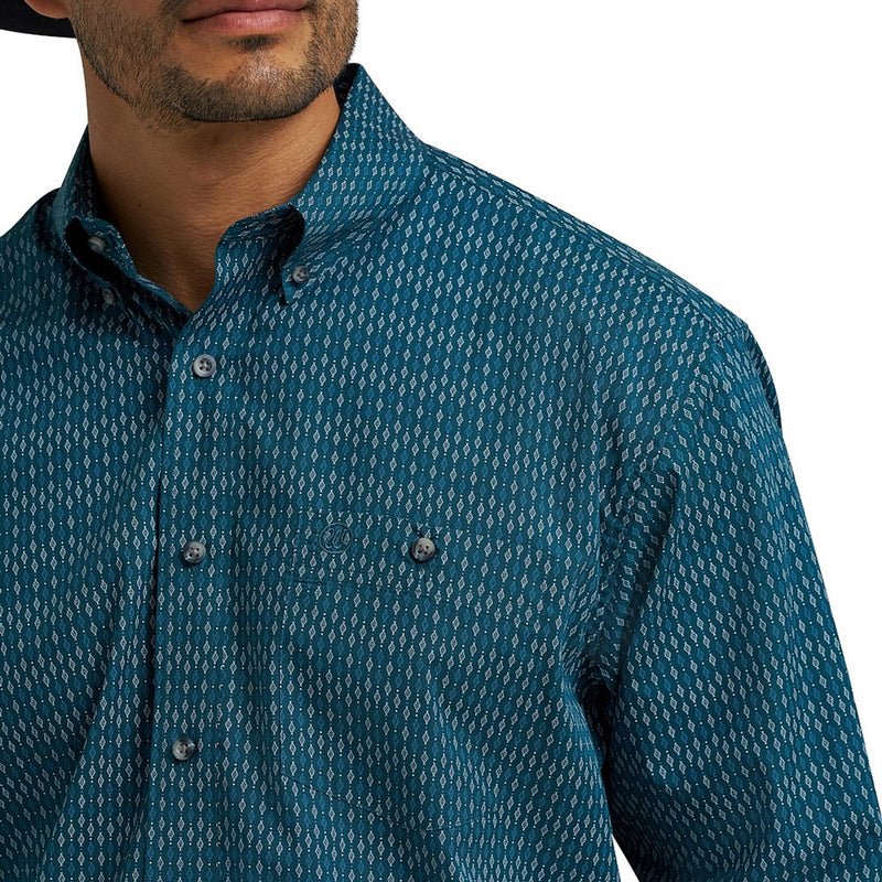Wrangler Men's Blue Printed Classic Long Sleeve Shirt