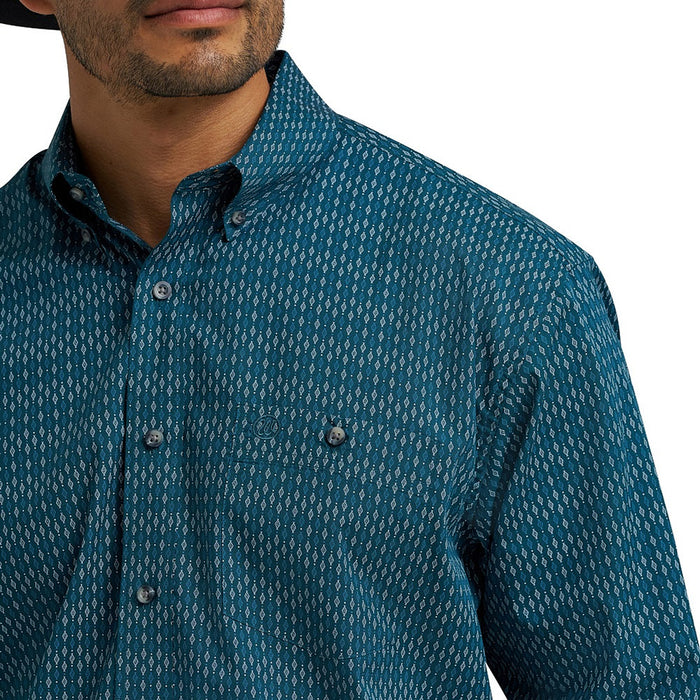 Wrangler Men's Blue Printed Classic Long Sleeve Shirt