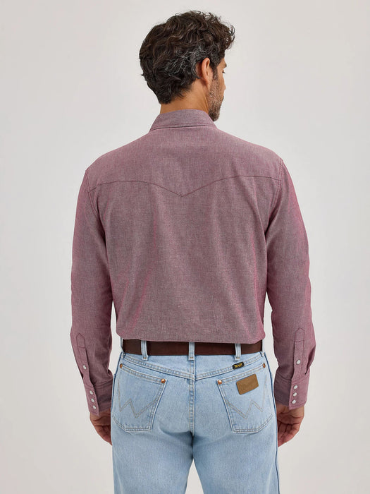 Wrangler Men's Cowboy Cut Western Chambray Snap Long Sleeve Brown Work Shirt