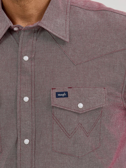 Wrangler Men's Cowboy Cut Western Chambray Snap Long Sleeve Brown Work Shirt