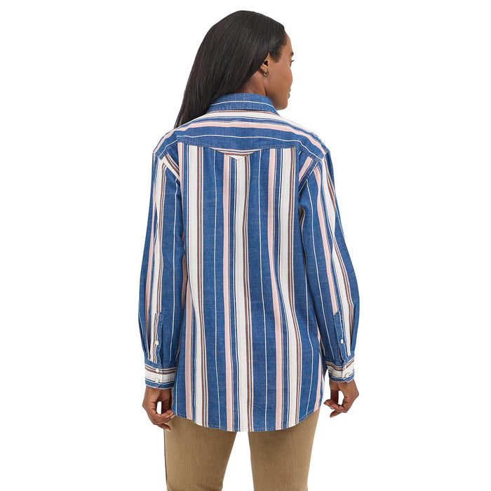 Wrangler Women's Blue Stripe Boyfriend Snap Shirt