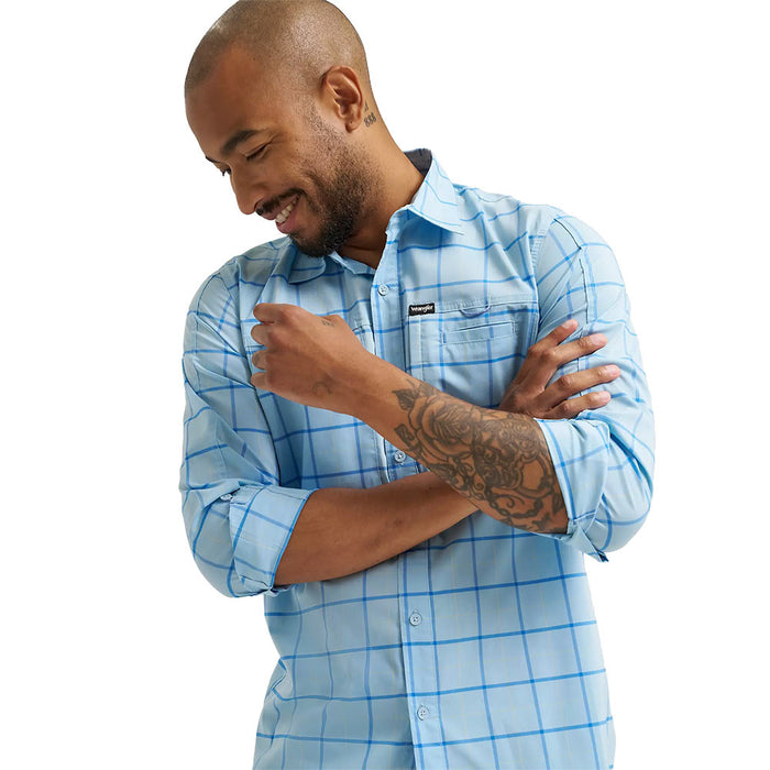 Wrangler Men's Cerulean Windowpane Hike To Fish ATG Shirt