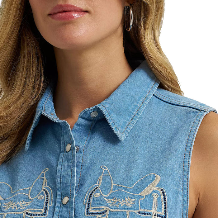 Wrangler Women's Saddle Denim Sleeveless Snap Shirt