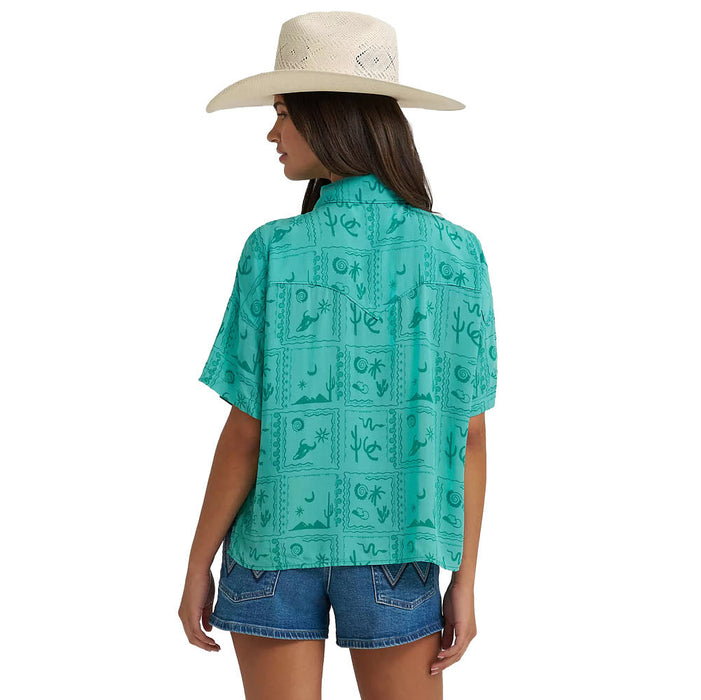 Wrangler Women's Green Western Print Camp Shirt