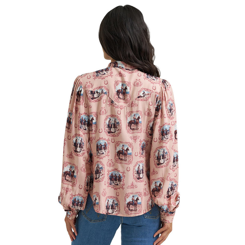 Wrangler Women's Pink Western Print Tie Blouse