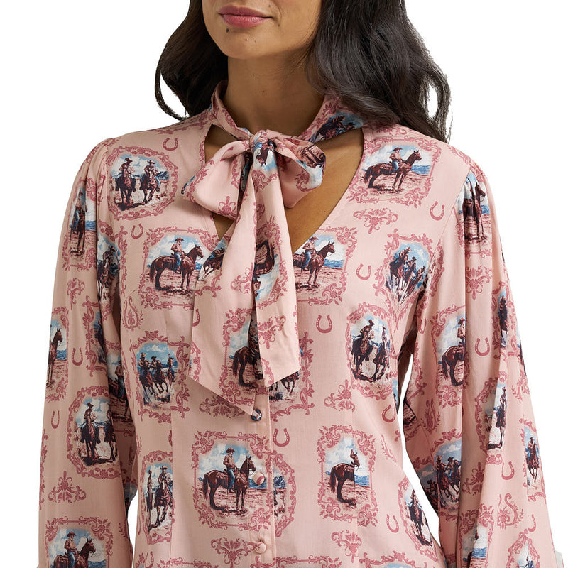 Wrangler Women's Pink Western Print Tie Blouse