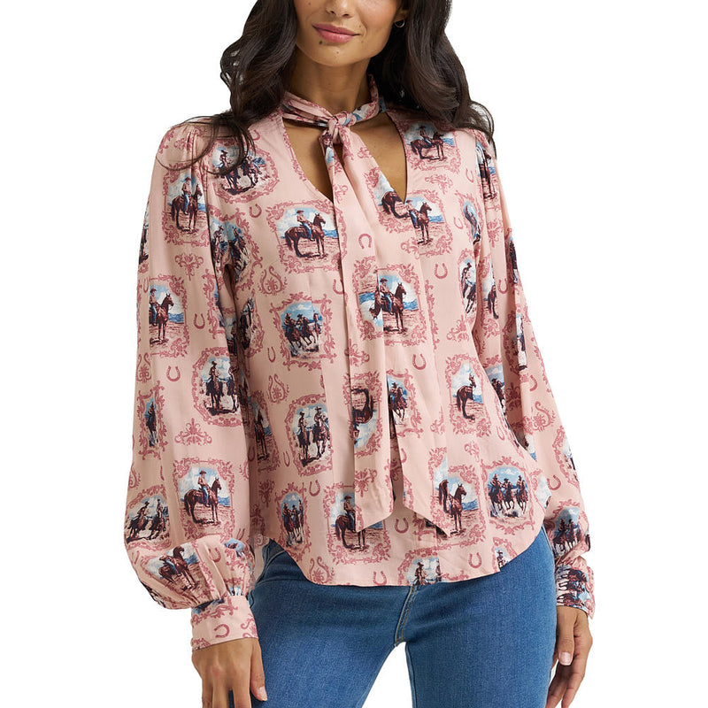 Wrangler Women's Pink Western Print Tie Blouse