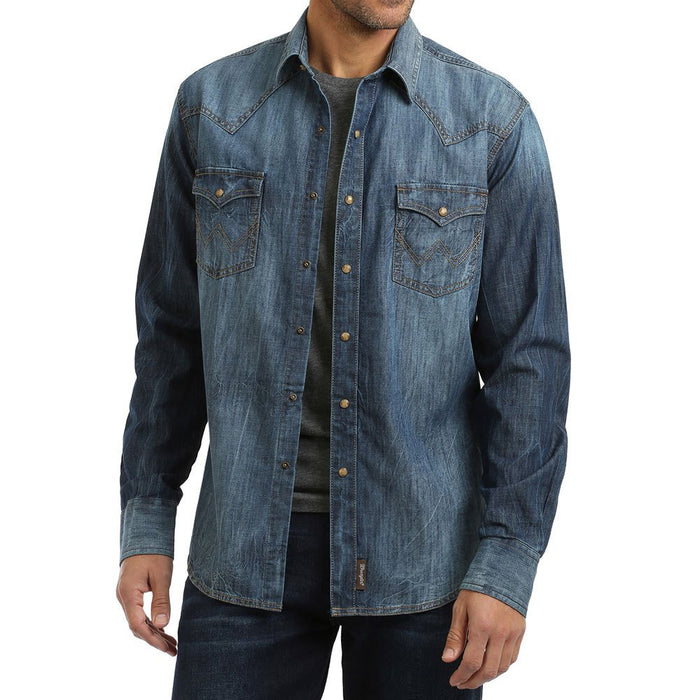 Mens Retro Premium Blue Denim Long Sleeve Snap Shirt