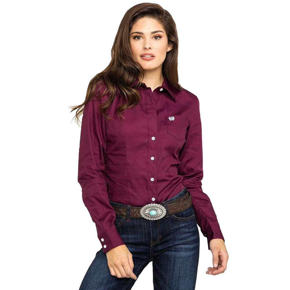 Cinch Women's Long Sleeve Solid Button Down Shirt - Burgundy