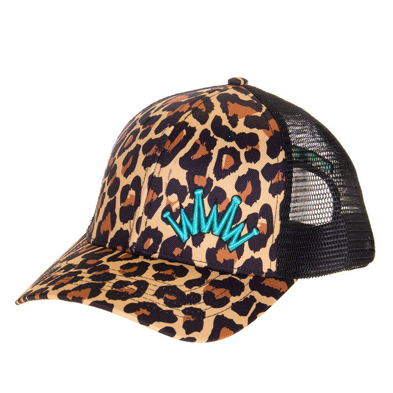 Leopard Print Embroidered Logo Mesh Back Trucker Cap