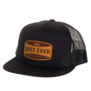 Black Flat Brim Leather Logo Patch Mesh Back Trucker Cap