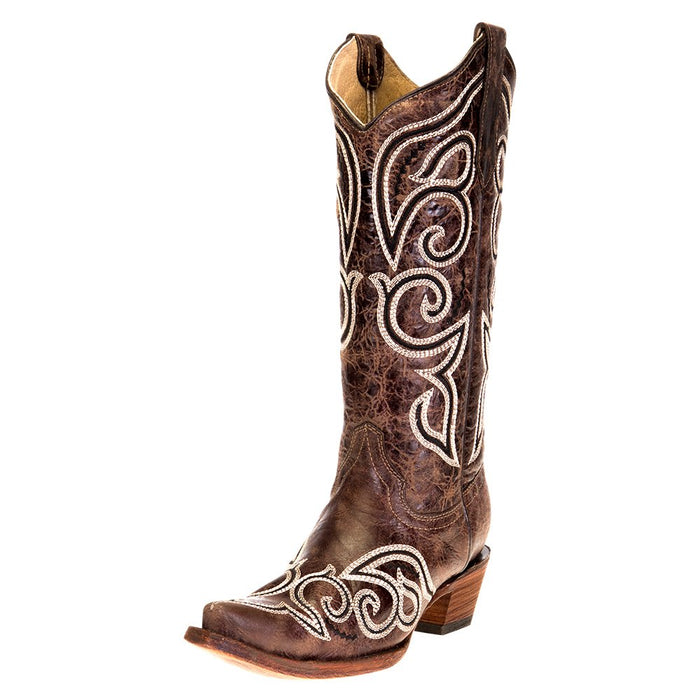 Womens Brown Embroidered Snip Toe Boot