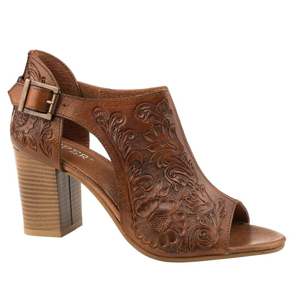 Roper Footwear Womens Mika Tan Floral Tooled Heel 