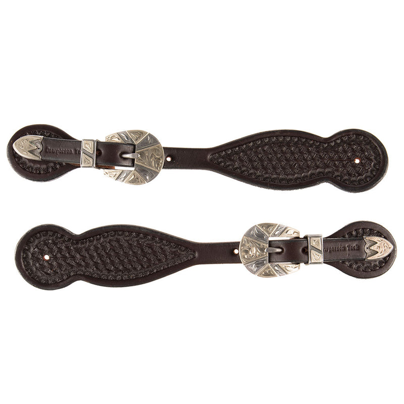 Cowperson Tack Dark Basket Stamped Spur Straps with a Silver Bar Heel Buckle Set