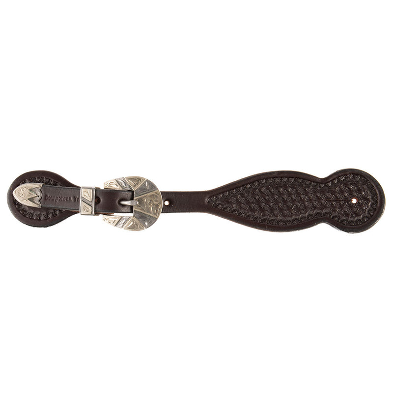Cowperson Tack Dark Basket Stamped Spur Straps with a Silver Bar Heel Buckle Set