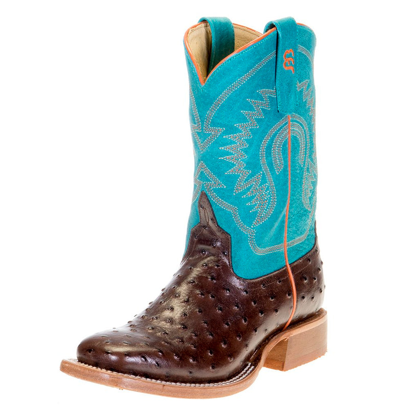 Kids Chocolate Impostrich Turquoise Sinsation Top Cowboy Boots