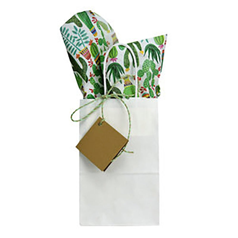 White Gift Bag with Cactus Print Tissue Paper