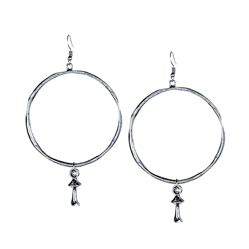 & Large Silver Hammered Hoop Earrings with Blossom Charm