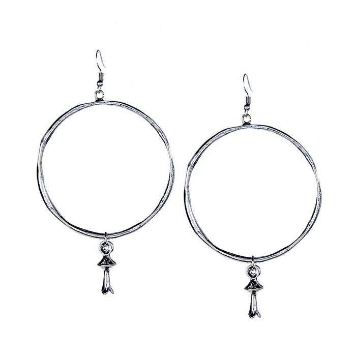 & Large Silver Hammered Hoop Earrings with Blossom Charm