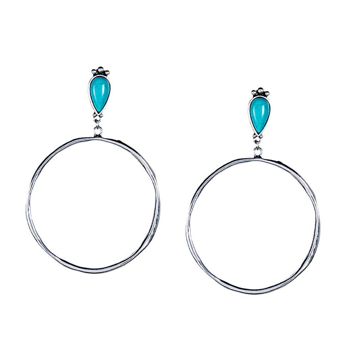 & Large Burnished Silver Hammered Hoop Earrings with Turquoise