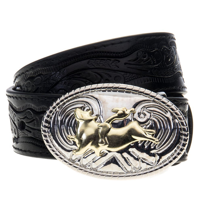Boys Black Floral Belt with Bull Rider Belt Buckle