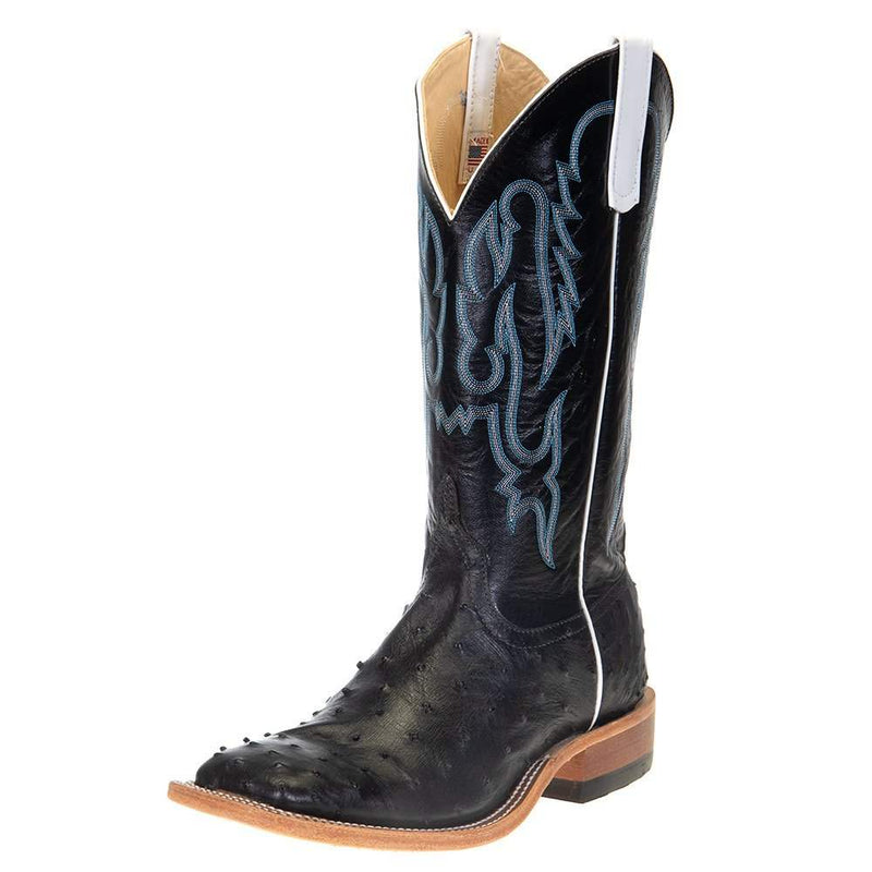 Men's Black Full Quill Ostrich 13" Black Kidskin Top Square Toe Boots