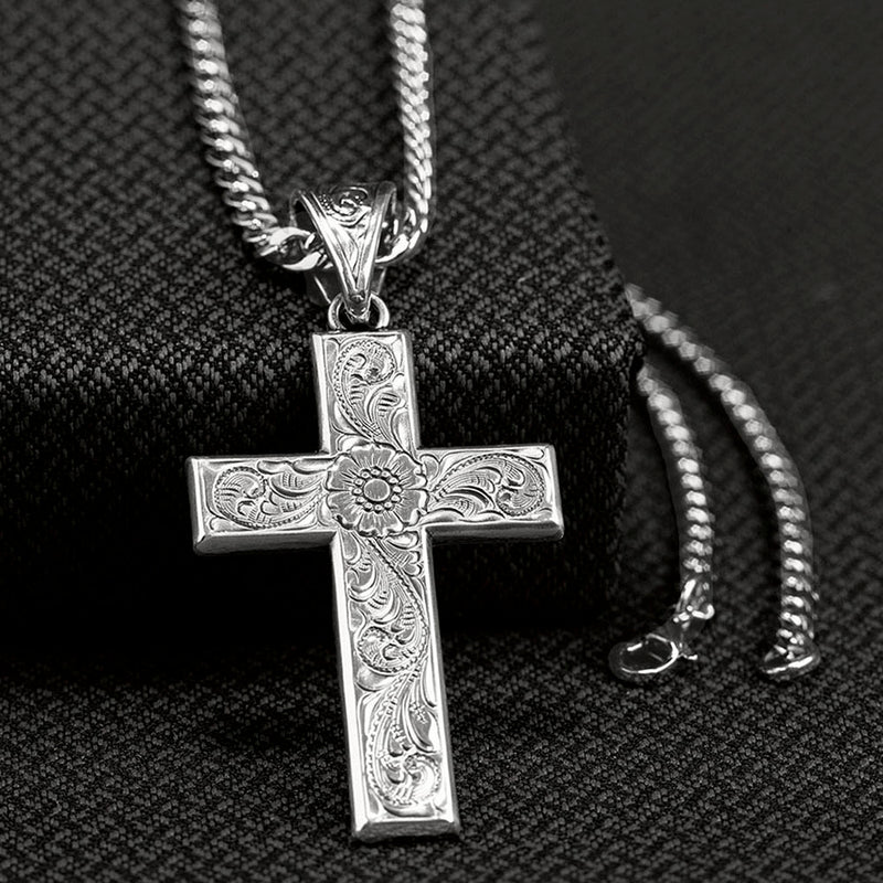 Men's Twister Silver Scrolled Cross Necklace