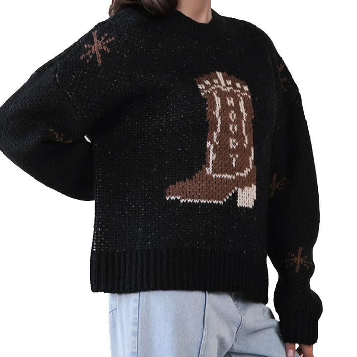 Very J Women's Black Cowboy Boot Sweater