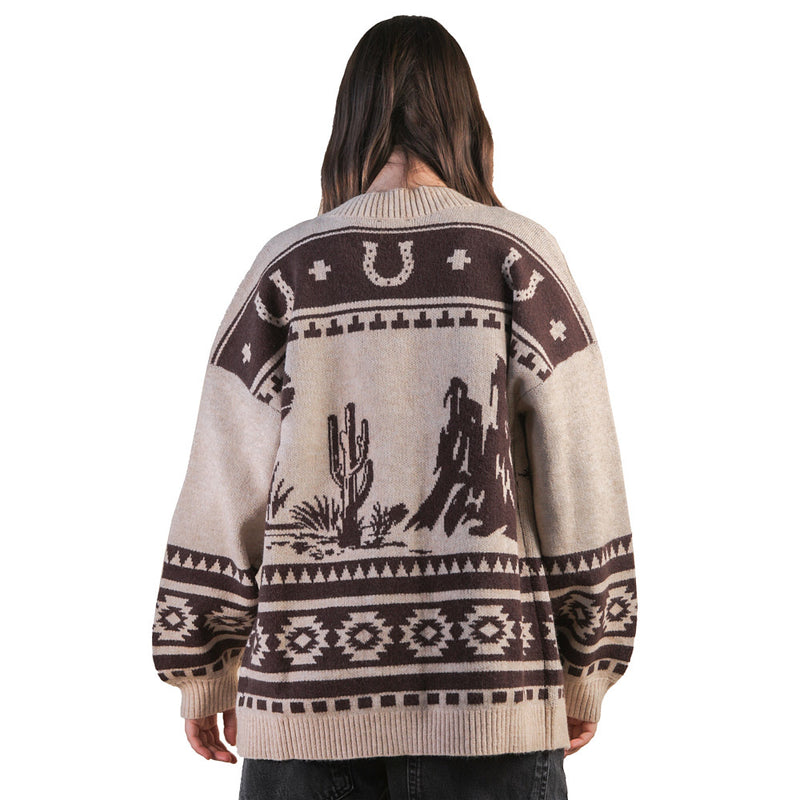 Very J Women's Taupe Oversized Western Graphic Cardigan