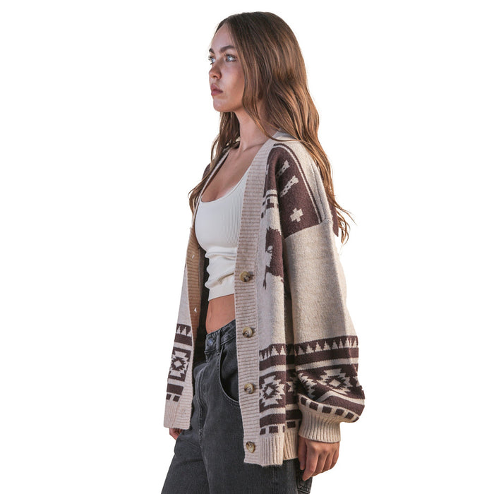 Very J Women's Taupe Oversized Western Graphic Cardigan