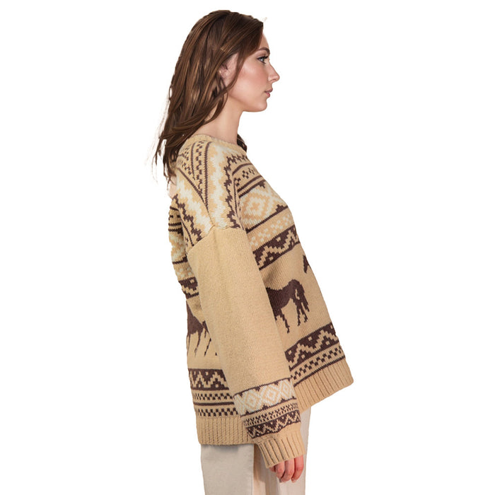 Very J Women's Mocha Horse Print Sweater