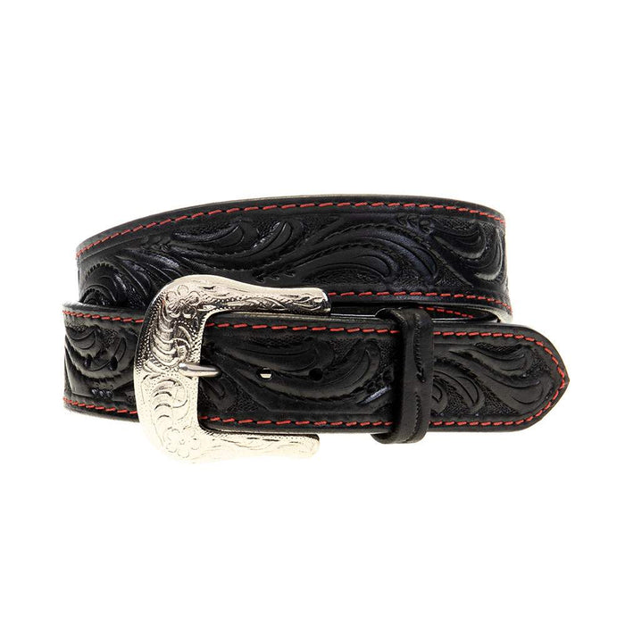 Men's Tooled Black Belt with Red Stitch
