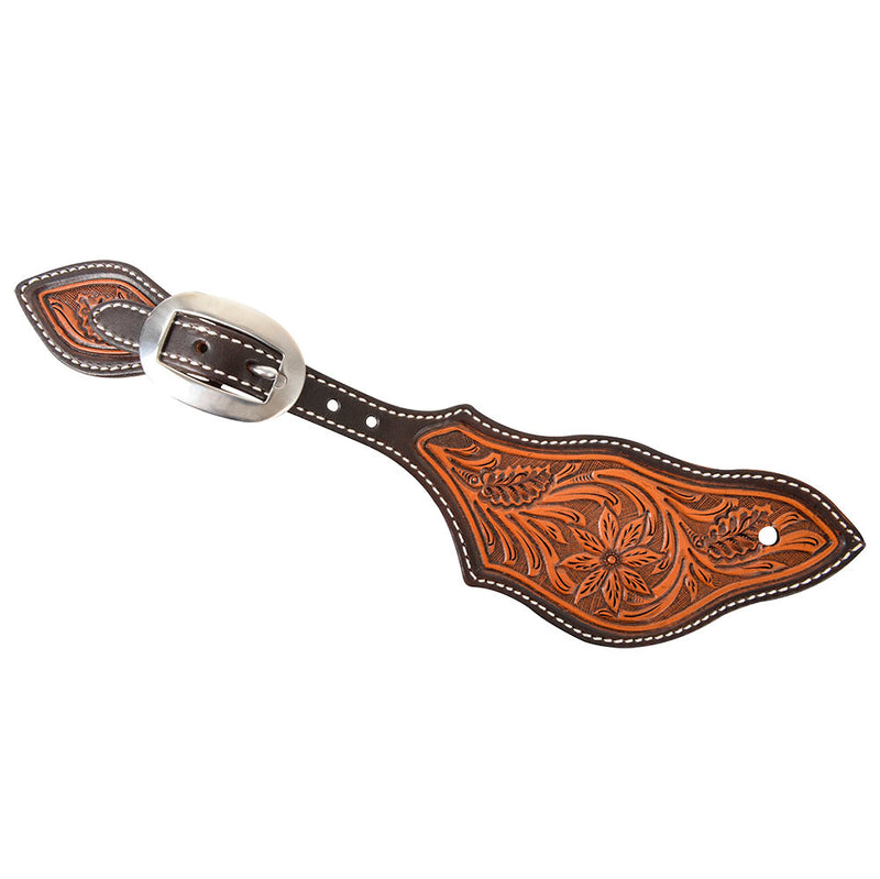 Natural Skirting Leather Floral Tooled Spur Straps w/Dyed Edges