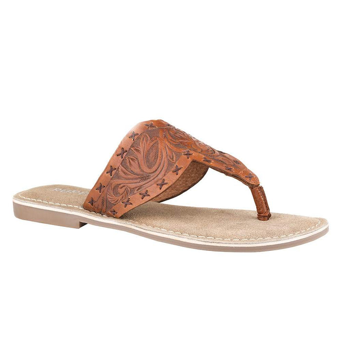 Womens Tan Tooled Leather Thong Sandal