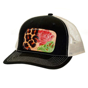 Mcintire Saddlery Black and Tan Leopard Rose Leather Patch Cap