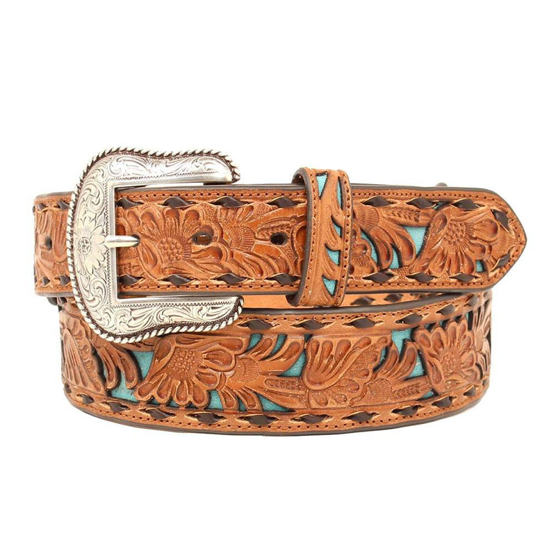 Men's Tapered Floral Belt with Turquoise Underlay