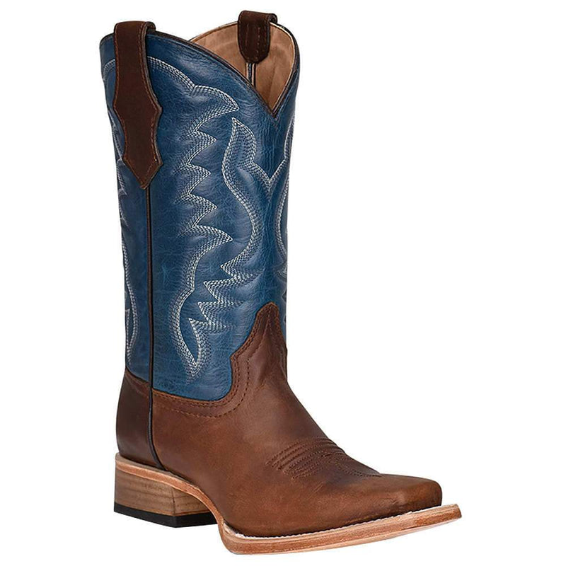 Kids Brown and Blue Embroidery Square Toe Cowboy Boot